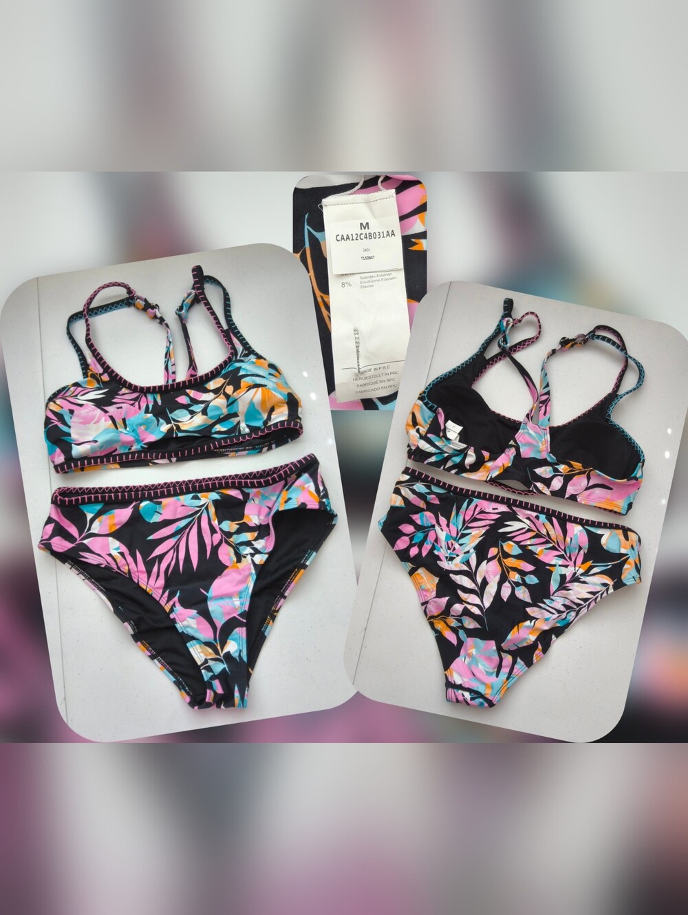 Cupshe Black Tropical Leaf Print High-Waist Bikini Set Size Med (Nwots)